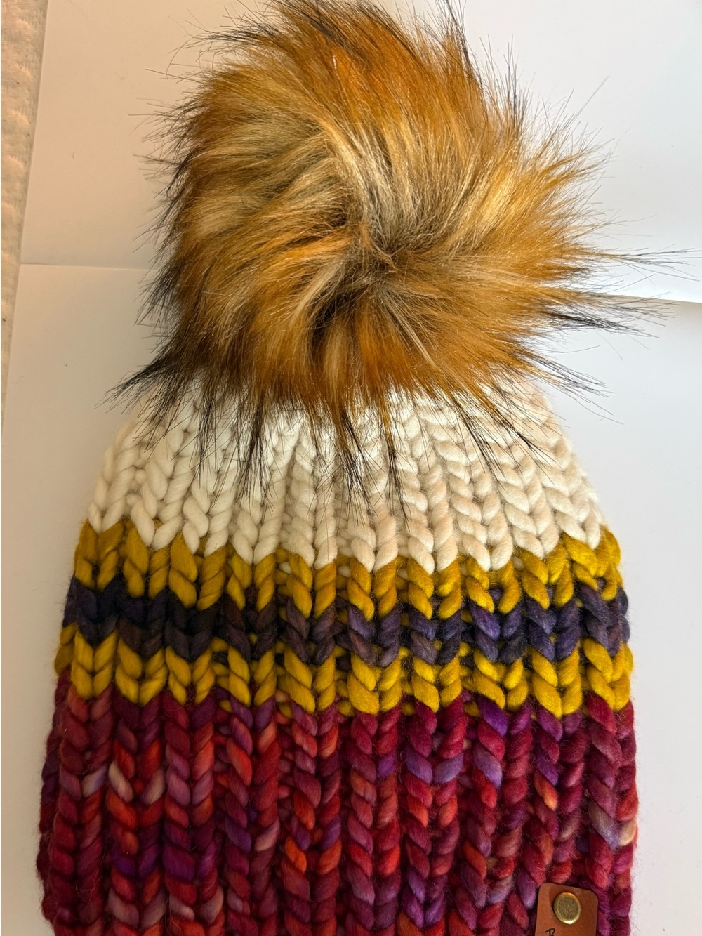 Striped Knit Pom Beanie with Faux-Fur Pom - Multicolor